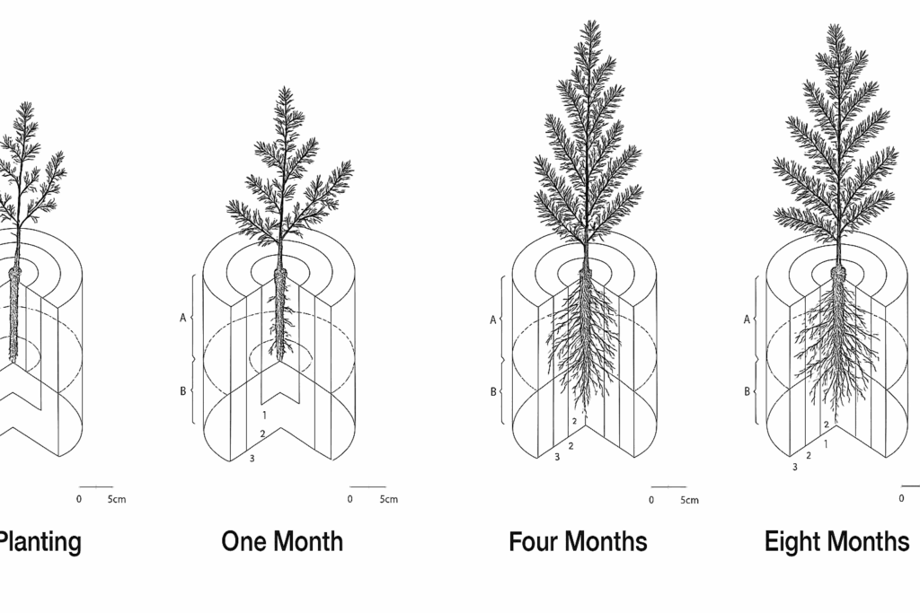 Scientific illustration demonstrating Western Hemlock seedling development stages from initial planting through eight months of growth, showing progressive shoot elongation above ground and expanding root system development below ground with detailed branching patterns