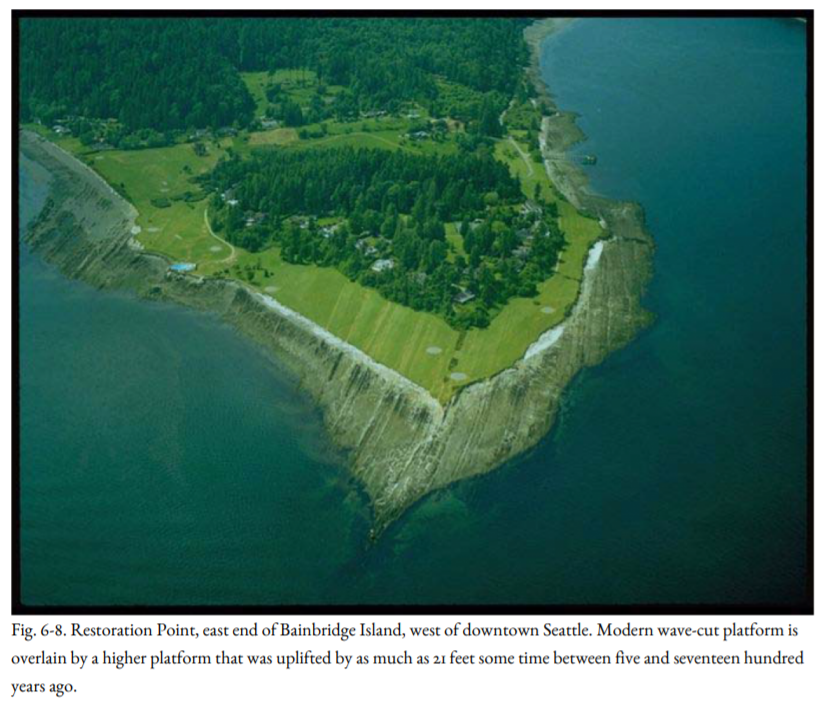 Restoration Point on Bainbridge Island, west of Seattle, its elevated coastal bluffs share geological history with Discovery Park’s own Magnolia Bluff.