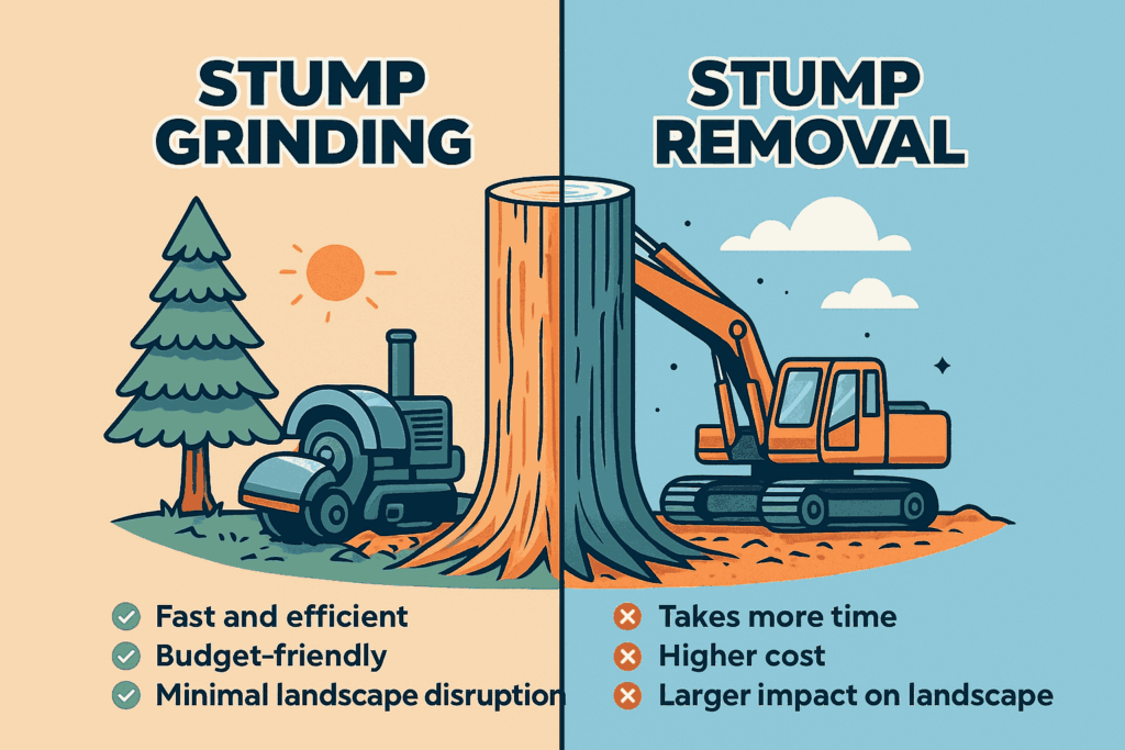 Visual comparison guide showing light stump grinding equipment versus heavy excavation machinery to help homeowners choose the right method based on their specific site requirements.