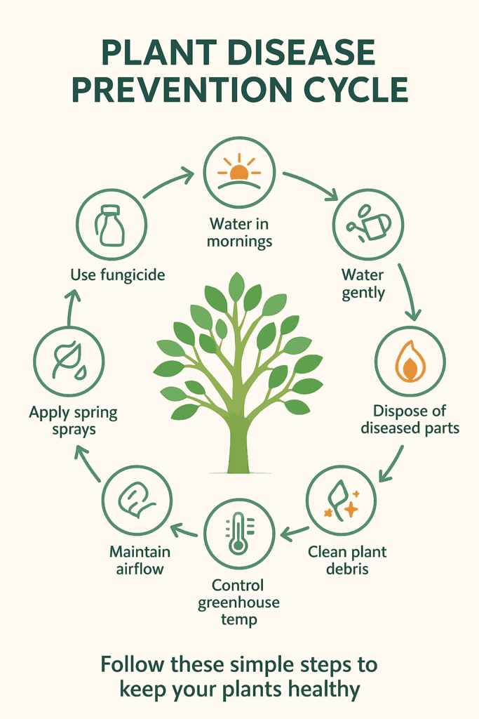 Circular diagram illustrating effective tree fungus prevention cycle including inspection, pruning, watering, fertilization, and monitoring practices for long-term tree health.