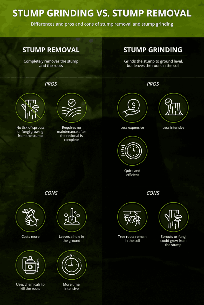 Infographic comparison chart showing pros and cons of stump grinding versus stump removal methods, helping homeowners choose the best option for their needs.