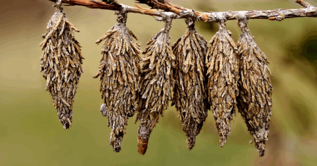 Outdoor bagworms feed on trees and plaster bagworms live in warm and humid houses where they feed on dust and spider webs.