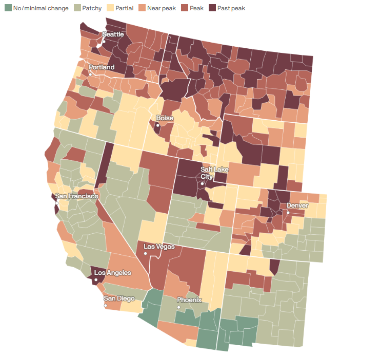 Fall foliage forecast for the western United States showing Seattle and the Pacific Northwest at peak color around mid-October 2025.