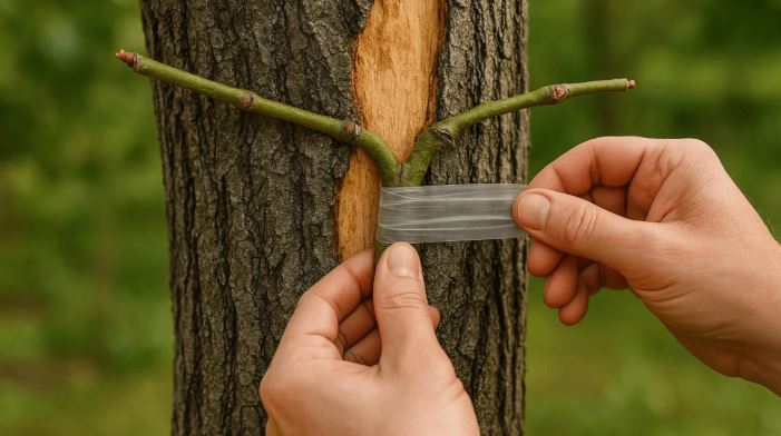 Tree grafting in action, where scions are carefully secured to promote healing and regrowth.