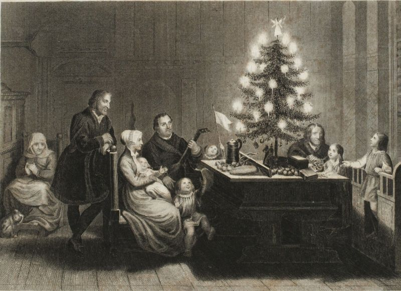 An early historical illustration of a family gathered around one of the first decorated Christmas trees indoors.