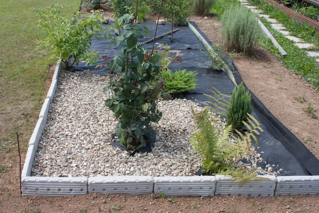 Gravel and landscape fabric used as ground cover, which suppresses weeds but can limit soil health and water absorption for plants.