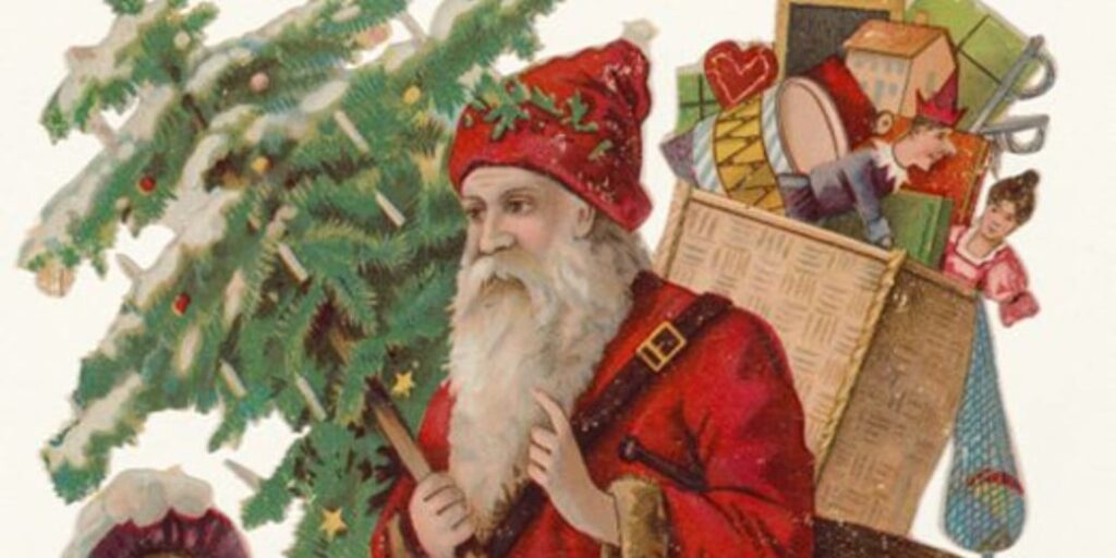 A vintage illustration of Santa Claus carrying a basket of toys beside a decorated Christmas tree.