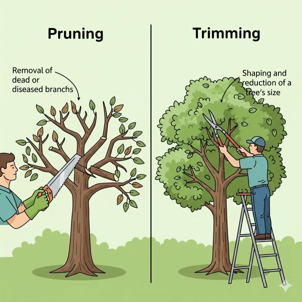 Pruning removes specific dead or diseased branches, while trimming shapes and reducing overall tree size for appearance and control.