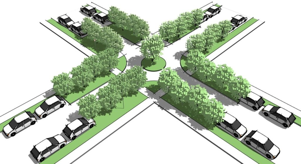 Concept design showing how converting street parking to tree hubs could expand canopy coverage at Seattle intersections.
