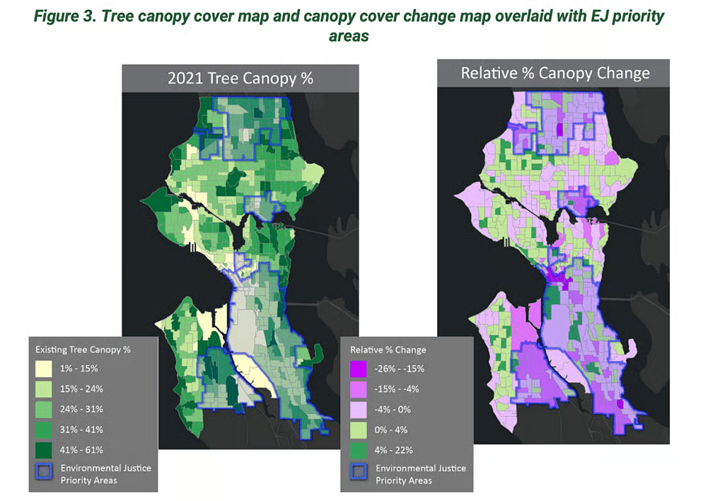 2021 canopy data shows where Seattle’s tree cover remains strongest and where losses have been concentrated, particularly in Environmental Justice Priority Areas.