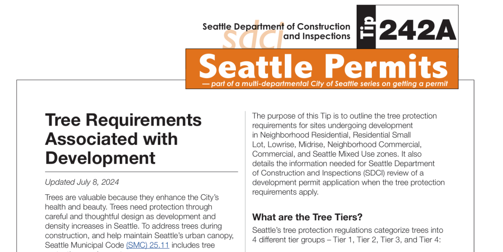 Seattle’s updated tree protection requirements outline permit and development rules under SDCI Tip 242A.