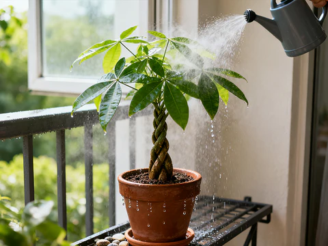 Slowly and evenly pouring water over the whole soil surface to water the roots thoroughly.