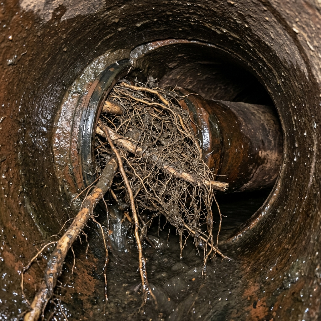 An internal plumbing camera view showing fine roots entering through a loose pipe joint.