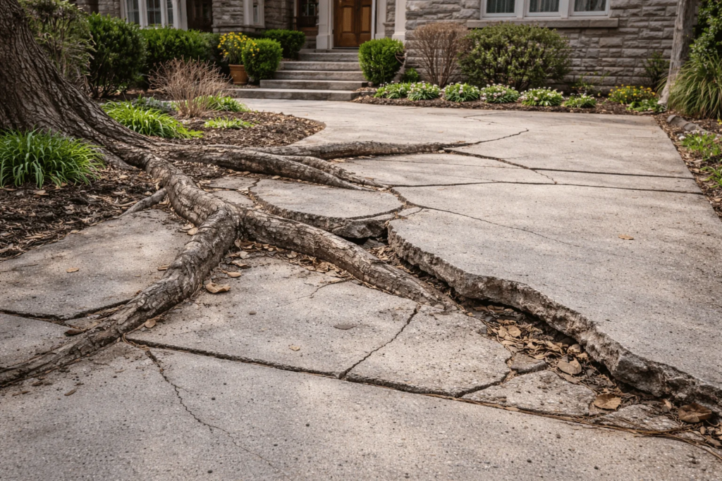 Thicker lateral surface roots applying direct upward mechanical force to concrete slabs.